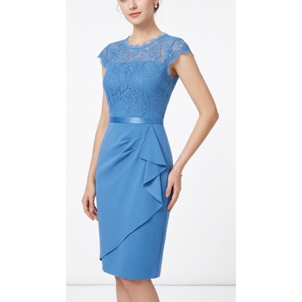 Miusol Blue Lace Cocktail Dress Sz M Cap Sleeve Side Ruffle Bodycon Wedding Midi